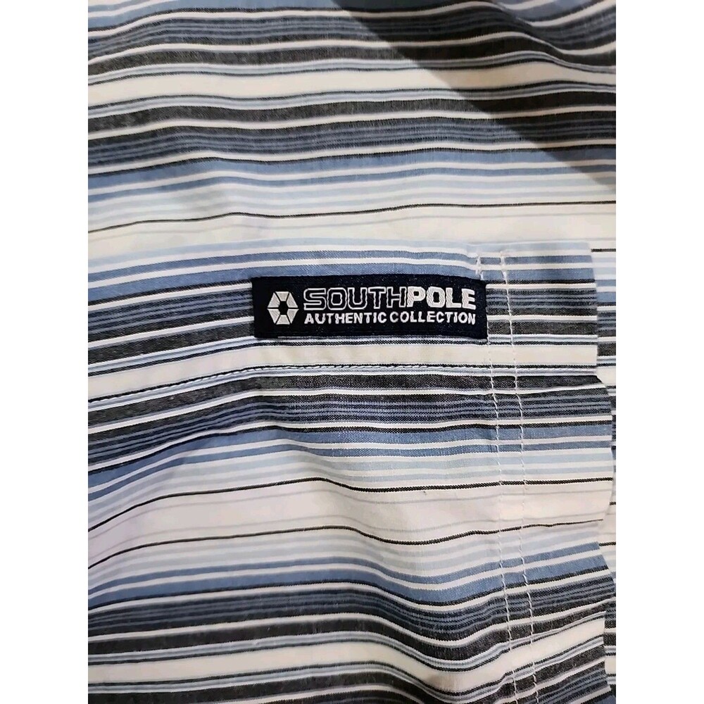 Southpole Men Button Up Shirt XL Blue Stripe Pockets Long Sleeve Y2K 90s Hip Hop - Picture 6 of 7